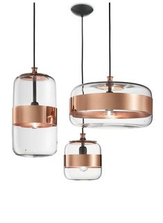 three glass pendant lights hanging from the ceiling