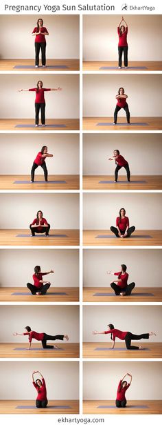 a woman in red shirt doing yoga poses