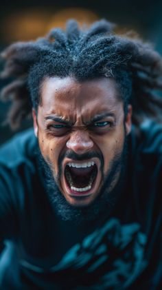 a man with dreadlocks on his face and mouth is yelling into the camera