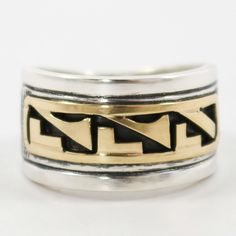 Sterling Silver Ring with 14k Gold Overlay Designs and Hand-Stamped Designs. Ring Size: 9.25” - .5” Band Width Bola Tie, Zuni Jewelry, Concho Belt, Navajo Jewelry, Gold Overlay, Native Jewelry, Pendant Rings, Black Stone