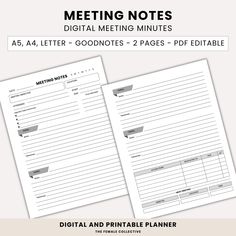 two sheets of paper with the words meeting notes written on them, and an image of a