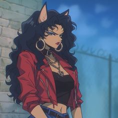 an anime character with long black hair wearing a red jacket and blue jeans standing in front of a brick wall