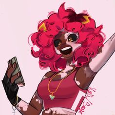 a drawing of a woman with pink hair holding a cell phone in her right hand