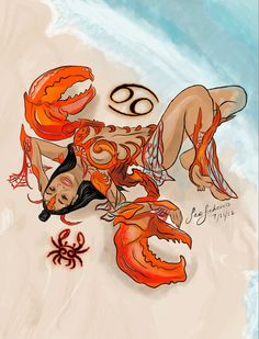 a drawing of a woman laying on the beach with an orange crab around her neck