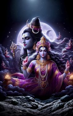 the god and goddess sit in front of a full moon with their hands clasped together