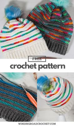 the free crochet hat pattern is shown in three different colors