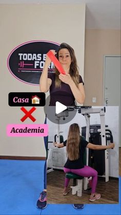 a woman is doing exercises on a machine with another woman in the background and an ad for today's fit