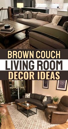 the living room is decorated with brown couches