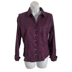 Quizz Shirt Womens Pm Stretch Long Sleeve Eggplant Purple Striped Button Up Blouse Crystal Buttons Metallic Thread New With Tags Size: Petite Medium Measurements: 17" Armpit To Armpit, 23" Length From A Smoke Free Home Fitted Button-up Blouse With Placket, Purple Fitted Button-up Blouse, Office Button-up Blouse With Snap Buttons, Purple Fitted Top For Semi-formal Occasions, Fitted Purple Top For Semi-formal Occasions, Purple Button-up Blouse For Work, Elegant Collared Tops With Snap Buttons, Purple Button-up Office Shirt, Purple Button-up Shirt For Office