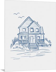 a blue and white drawing of a house