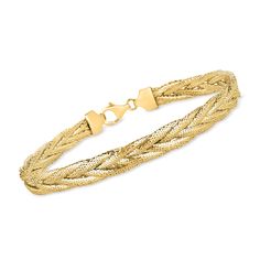 Ross-Simons - Italian 14kt Yellow Gold Braided Mesh Bracelet. 7.25". Elevate your everyday style by adding this luxe statement from Italy. Finely crafted in polished 14kt yellow gold, our classic bracelet features braided mesh strands for a fabulous look and feel on the wrist, solo or stacked. Lobster clasp, 14kt yellow gold braided mesh bracelet. Yellow Bracelet, Solid Gold Bracelet, Classic Bracelets, Gold Bracelet For Women, Mesh Bracelet, Natural Gold, Fine Jewelry Bracelets, Bracelet For Women, Precious Metals