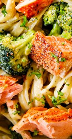 pasta with salmon and broccoli in a bowl