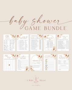 the baby shower game bundle is shown with flowers and leaves on it's side