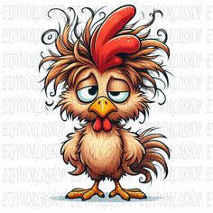 a cartoon chicken with an angry look on its face and long hair, standing in front of