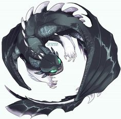 a drawing of a black dragon with green eyes