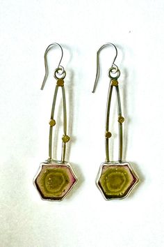 Gold, Silver & Stone Earrings - One-of-a-kind hexagonal watermelon tourmaline earrings. These unique stones are set in sterling silver with three 18k gold dots on each earring; oxidized to show depth and character. Sterling silver ear wire. Tourmaline Earrings, Professional Gifts, Artful Home, Gold Dots, Wall Sculpture Art, Watermelon Tourmaline, Art Furniture, Holiday Gift Guide, Ear Wire