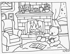 a black and white drawing of a teddy bear sitting in front of a fire place