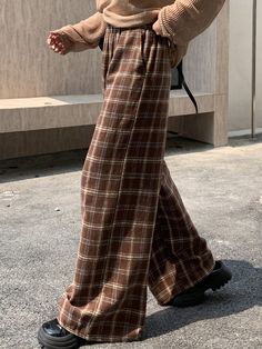 Women Plaid Elastic Waist Straight Leg Casual Pants Coffee Brown Casual   Woven Fabric Plaid Wide Leg Non-Stretch  Women Clothing, size features are:Bust: ,Length: ,Sleeve Length: Tartan Trousers Outfit Women, Baggy Brown Pants For Fall, Casual Brown High-waisted Pants, Brown Straight Pants For Fall, Winter Brown Straight Pants, Baggy Brown Pants For Winter, Brown Baggy Pants For Winter, Brown Full Length Pants For Winter, Brown Full Length Winter Pants