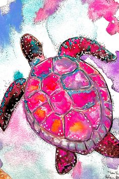 a painting of a sea turtle with pink and blue colors