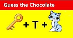 a cat sitting next to a key on top of a yellow sign that says guess the chocolate