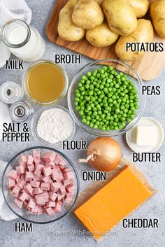 the ingredients to make this recipe include peas, potatoes, ham, milk, and butter