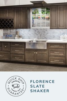 a kitchen with brown cabinets and white counter tops is featured in this ad for the florence slate shaker