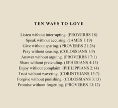 the ten ways to love written in black and white on a beige background with text