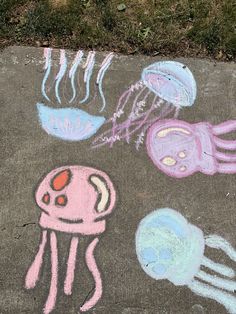 chalk drawings of jellyfish and octopus on the sidewalk