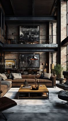 an industrial style living room with leather furniture and exposed brick walls, along with large windows