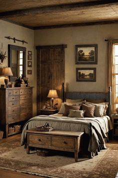 a bed room with a neatly made bed and dresser