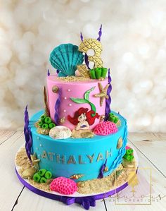 there is a cake that has mermaid decorations on it