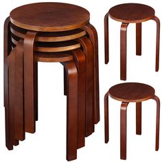 three wooden stools and one small table with four smaller stools on each side