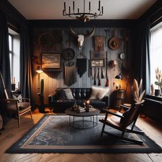 Home Decor 🏠🏘️ ideas Black Western Decor, Victorian Western Decor, Gothic Farmhouse Living Room, Western Gothic Interior Design, Western Gothic Interior, Western Man Cave, Dark Western Aesthetic Home, Western Gothic Living Room, Yallternative Home Decor