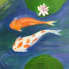 two orange and white kohaki fish swimming in water with lily pads on the side