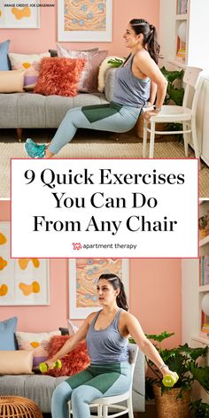 a woman sitting on top of a couch with the words 9 quick exercises you can do from any chair