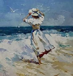 a painting of a woman walking on the beach with her hat in her hand and seagulls flying overhead