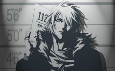 an anime character with long hair holding a sign in front of him and the police numbers behind him