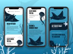 three cell phones showing information about sea animals