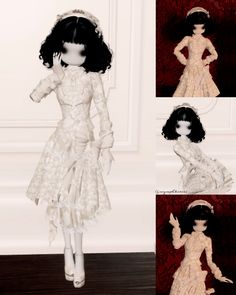 four different views of a doll wearing a white dress