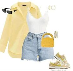 a yellow shirt and shorts are outfitted with nike sneakers, a handbag, and a pair of sunglasses