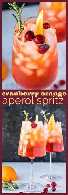 cranberry orange aperol spritz with rosemary garnish in glasses