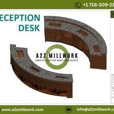 the reception desk is made out of wood and granite