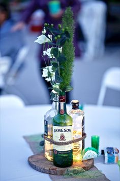 irish wedding centerpiece green st Patrick Day St Patricks Wedding, Irish Wedding Decorations, Jameson Bottle, Irish Themed Weddings, Themed Wedding Decorations, Irish Theme, Green Centerpieces, Jameson Irish Whiskey, Bottle Centerpieces