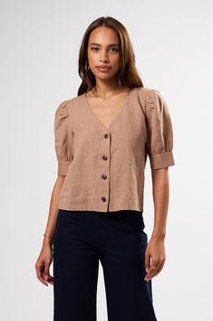 V Neck Cuff Sleeved Blouse - Sand Chic Button-up Puff Sleeve Top For Work, Chic Puff Sleeve Button-up Top For Work, Chic Button-up Puff Sleeve Top With Button Closure, Chic Puff Sleeve Top With Button Closure For Work, Casual Puff Sleeve Top For Work With Button Closure, Chic Puff Sleeve Top With Buttons For Work, Short Sleeve Puff Top With Blouson Sleeves For Work, Workwear Puff Sleeve Top With Buttons, Casual Button-up Puff Sleeve Top For Work