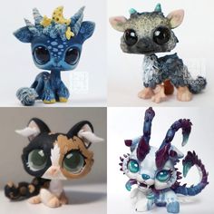 four different types of little figurines with big eyes and horns on their heads