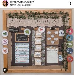 a bulletin board is decorated with magnets and paper clippings to help students learn science