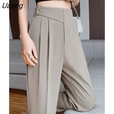 Uaang Formal Ice Silk Women's Harem Pants Summer High Waist Elegant Korean Style Buttons Ankle-Length Straight Pants Pockets Black Harem Pants, Harem Pants Women, Pants Summer, Straight Trousers, Suit Fashion, Straight Pants, Office Ladies, Elegant Fashion, Trousers Women