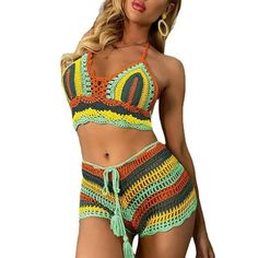 Never Worn Size Small Green, Orange, Yellow Green Crochet Swimwear For Beach Season, Green Crochet Bohemian Swimwear, Spring Multicolor Crochet Top For Beach Cover-up, Fitted Multicolor Crochet Swimwear, One Size Multicolor Beachwear Cover-up, Crochet Set, Babydoll Top, Beach Wears, Green And Orange