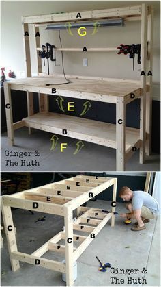 two pictures showing how to build a workbench