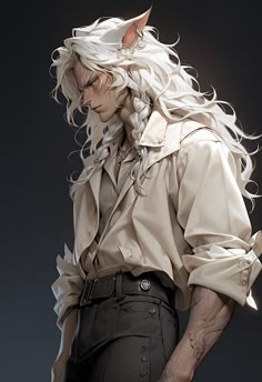 a man with long white hair and an animal's head on his shoulders, wearing a trench coat